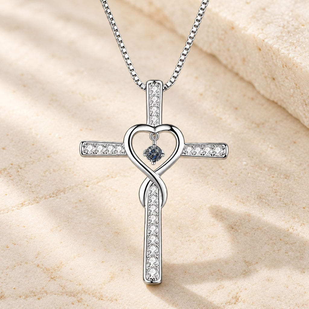 12-Month Birthstone Cross Necklace with Heart Design and Sparkling