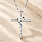 12-Month Birthstone Cross Necklace with Heart Design and Sparkling