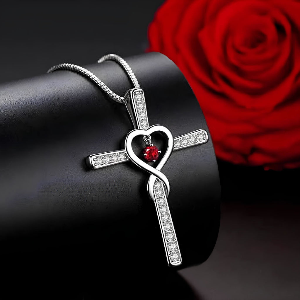 Collar de Cruz con Piedra del Mes y Diseño de Corazón con Detalles Brillantes