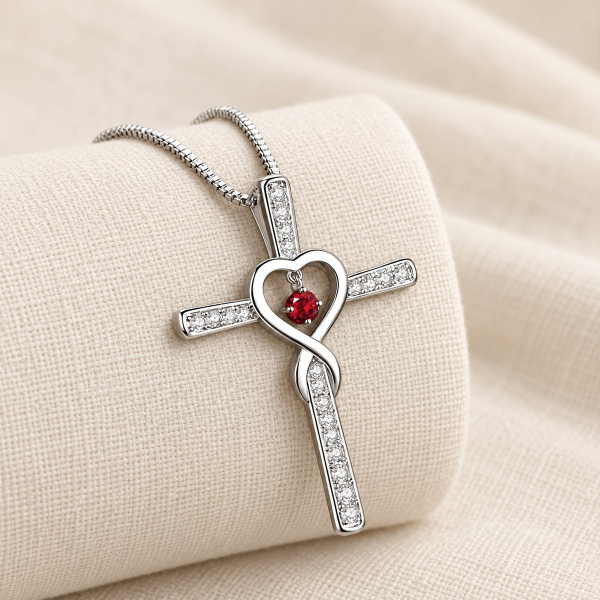 12-Month Birthstone Cross Necklace with Heart Design and Sparkling