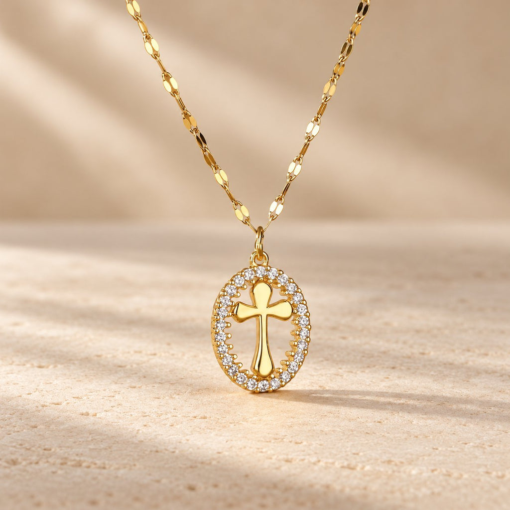 Elegant Oval Cross Necklace with Crystal Halo