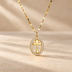 Elegant Oval Cross Necklace with Crystal Halo