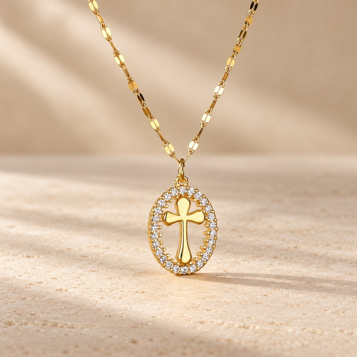 Elegant Oval Cross Necklace with Crystal Halo