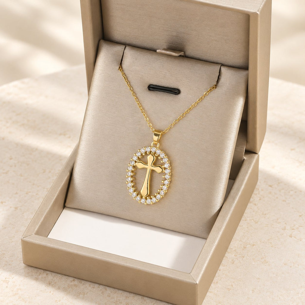 Elegant Oval Cross Necklace with Crystal Halo