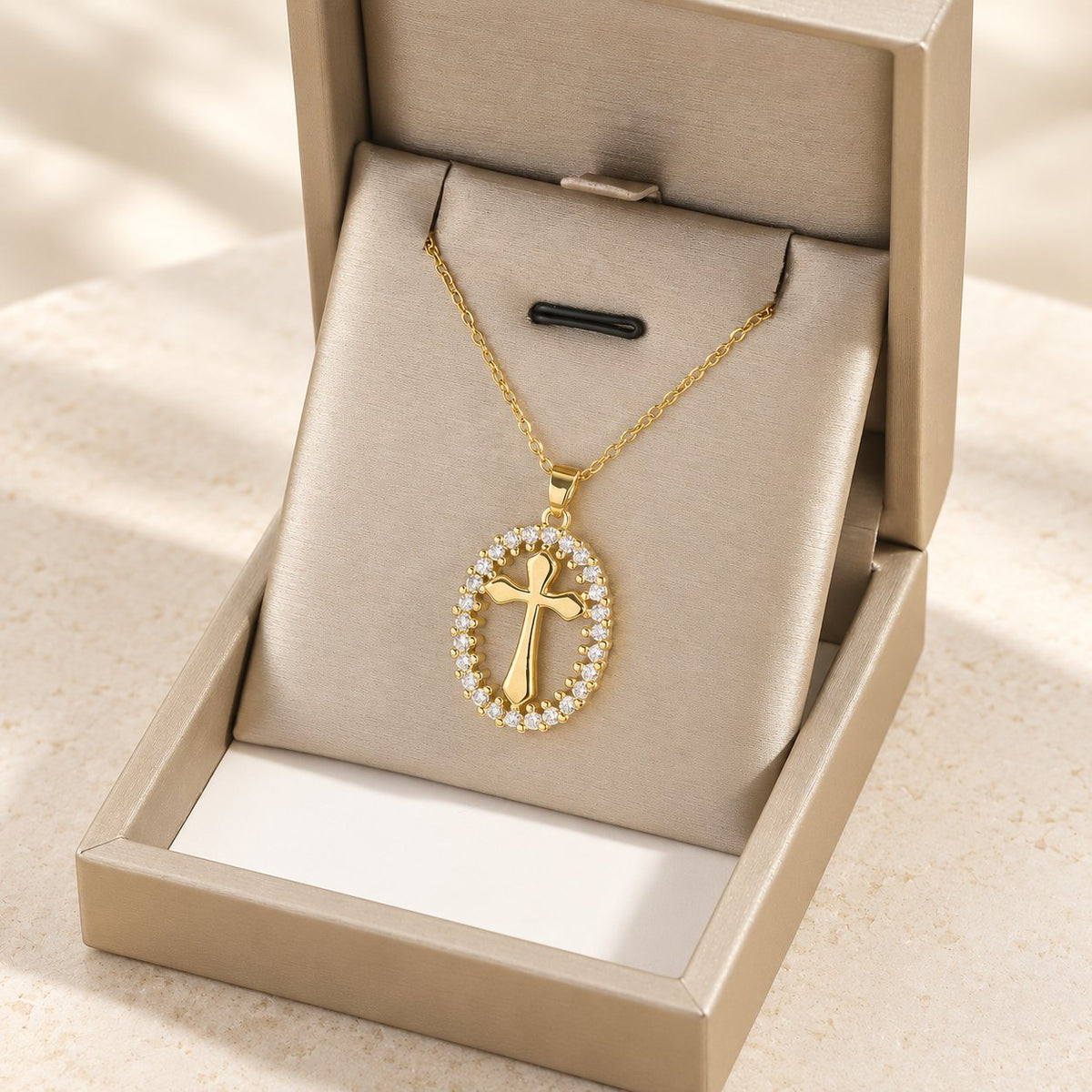 Elegant Oval Cross Necklace with Crystal Halo