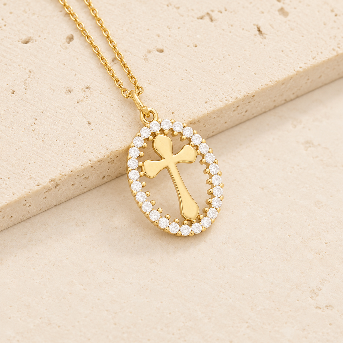 Elegant Oval Cross Necklace with Crystal Halo