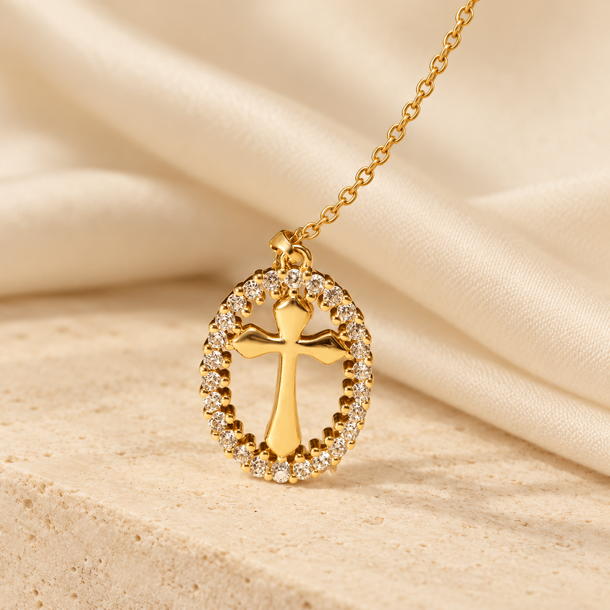 Elegant Oval Cross Necklace with Crystal Halo