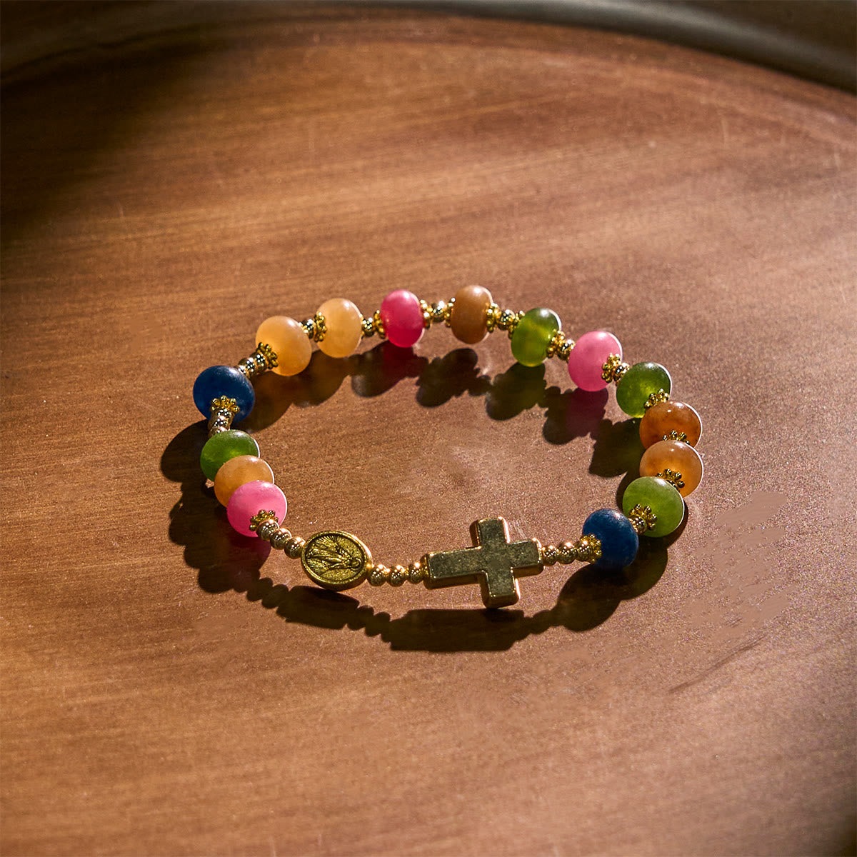 Pulsera de Cuentas Ábaco de Turmalina con Cruz y Medalla Milagrosa