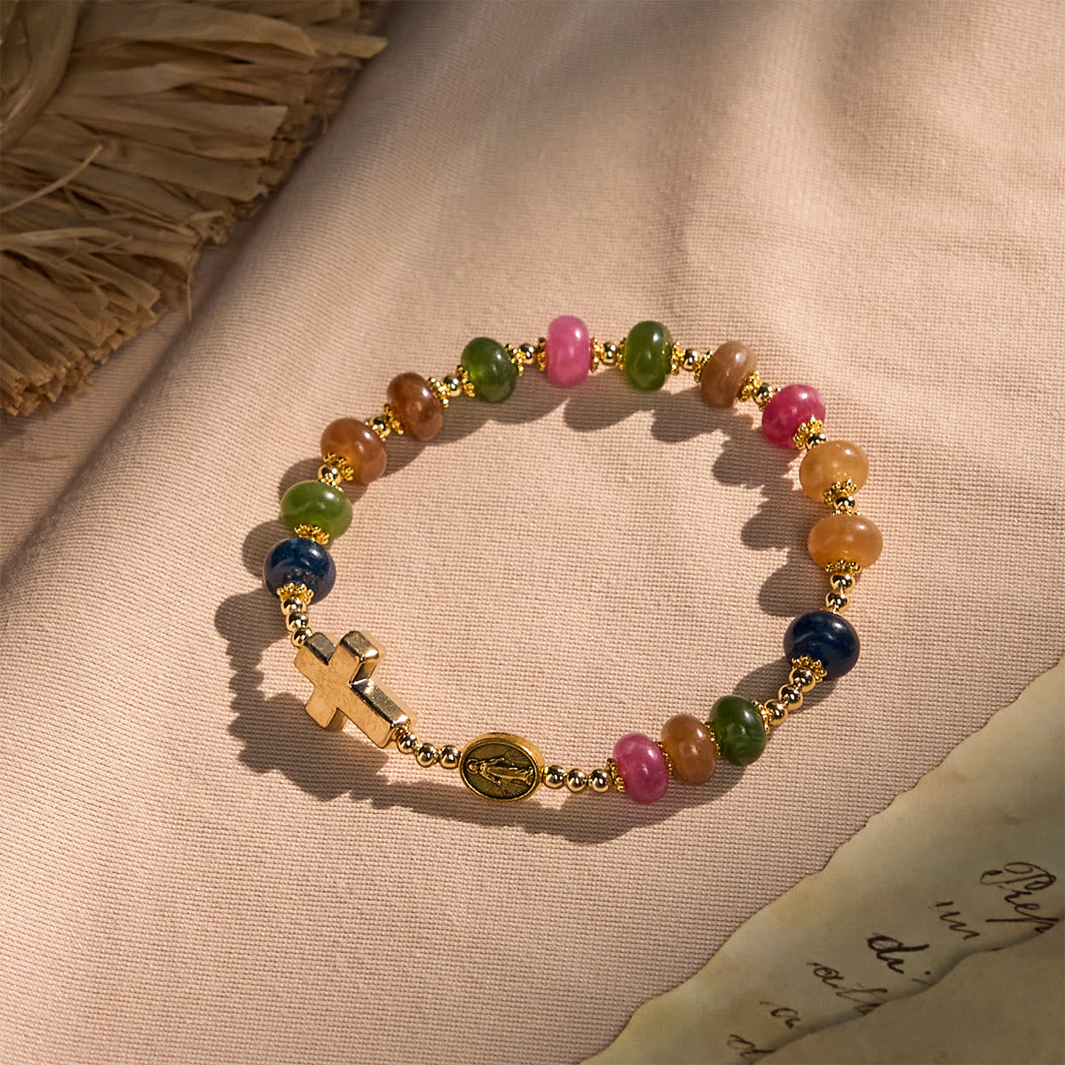 Pulsera de Cuentas Ábaco de Turmalina con Cruz y Medalla Milagrosa
