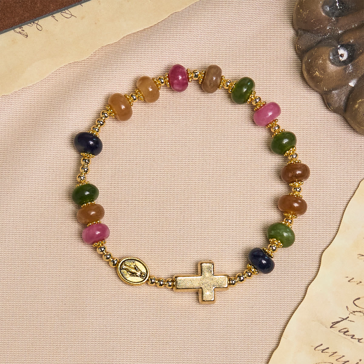 Pulsera de Cuentas Ábaco de Turmalina con Cruz y Medalla Milagrosa