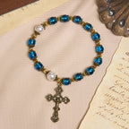 Pulseras Espirituales de Cuentas Azules Brillantes con Crucifijo Sagrado de Latón