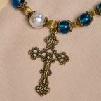 Pulseras Espirituales de Cuentas Azules Brillantes con Crucifijo Sagrado de Latón
