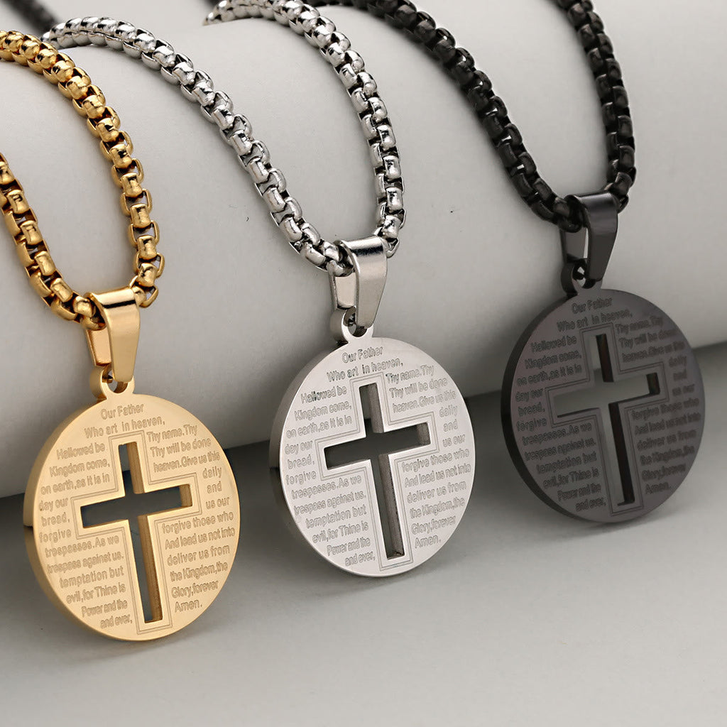 Collar con Dije de Cruz Calada con Oración Inspiradora en Tres Colores Elegantes