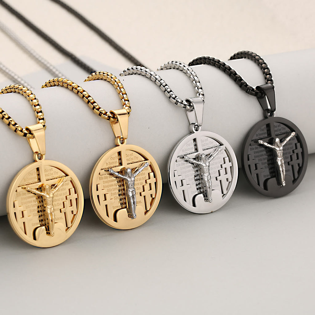 Collar con Dije Crucifijo Redondo en Cuatro Colores, Ideal para Regalo Religioso