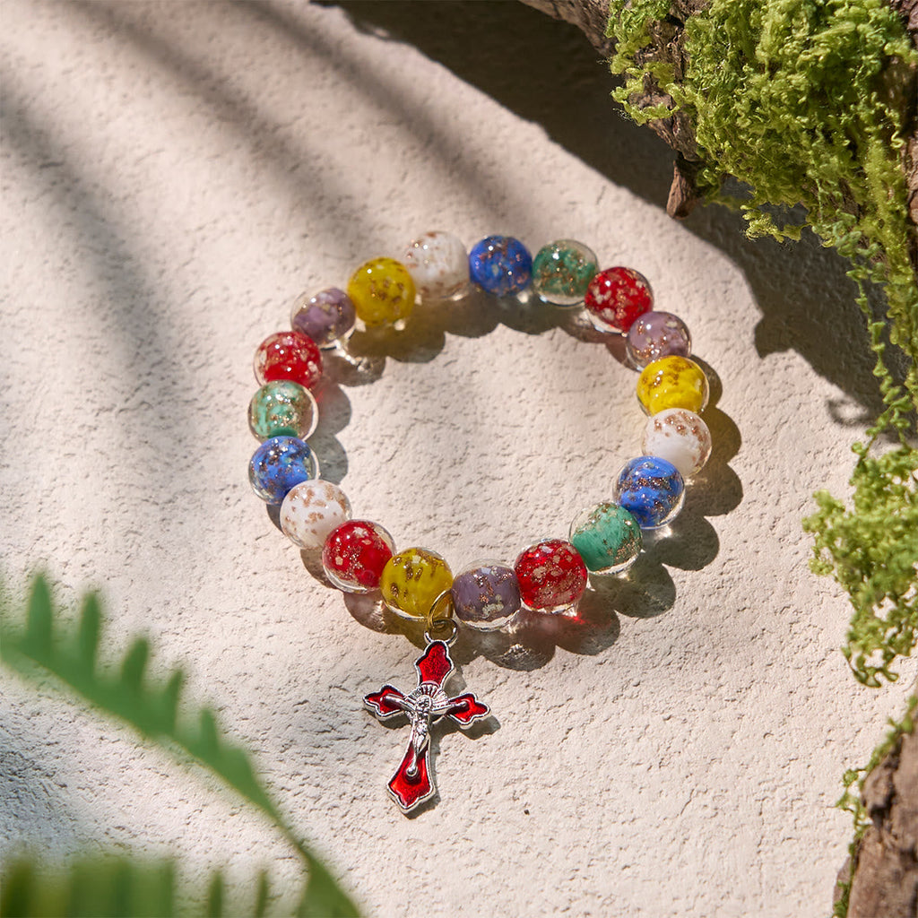 Pulseras de Cristal con Motas Doradas que Brillan en la Oscuridad con Crucifijo