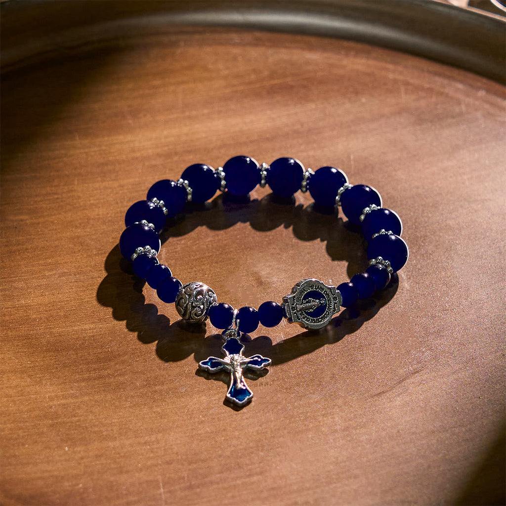 Pulseras Elegantes de Cuentas Azul Profundo con Crucifijo y Medalla Milagrosa