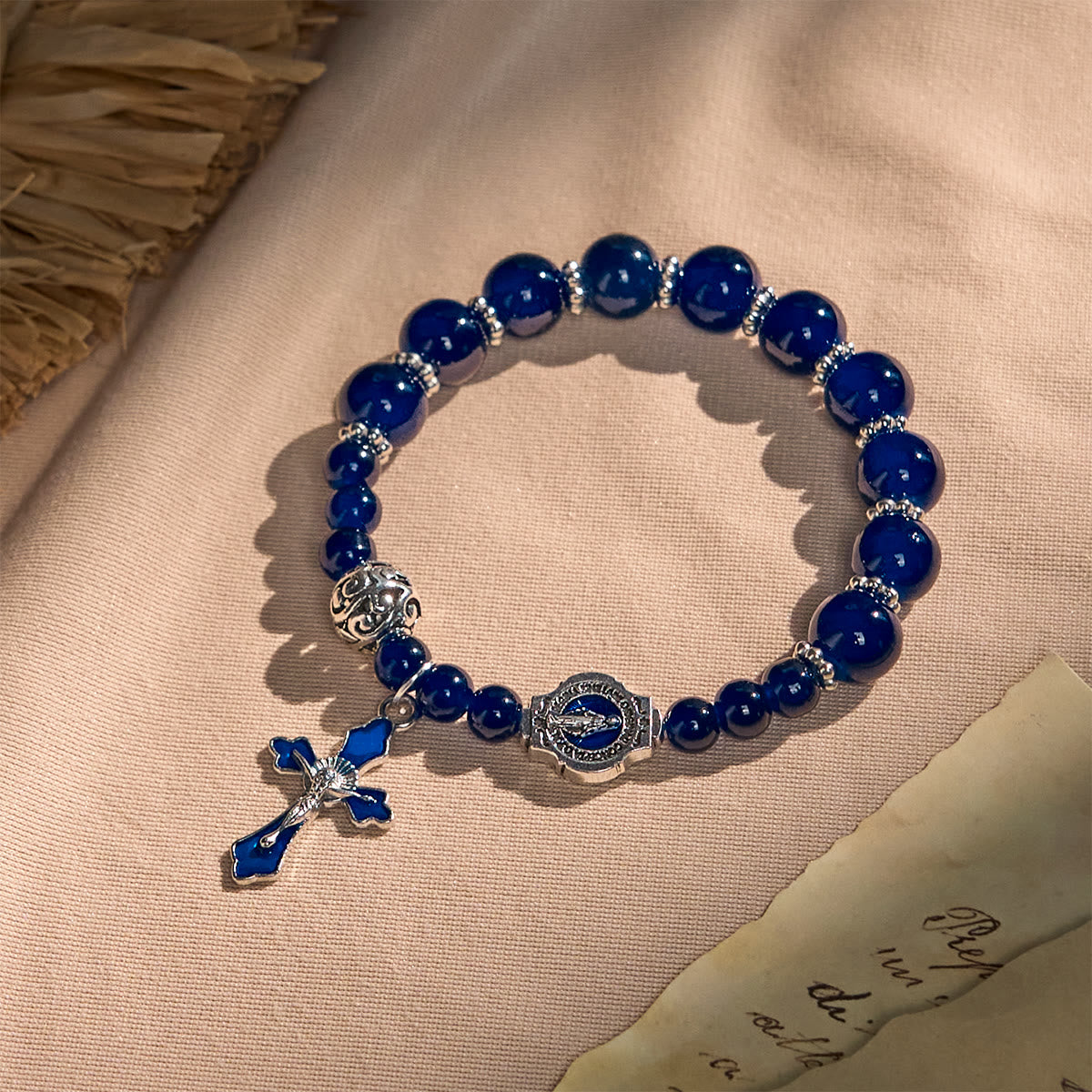 Pulseras Elegantes de Cuentas Azul Profundo con Crucifijo y Medalla Milagrosa