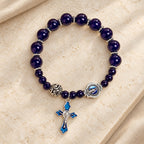 Elegant Deep Blue Beaded Bracelets with Crucifix and Miraculous Medal