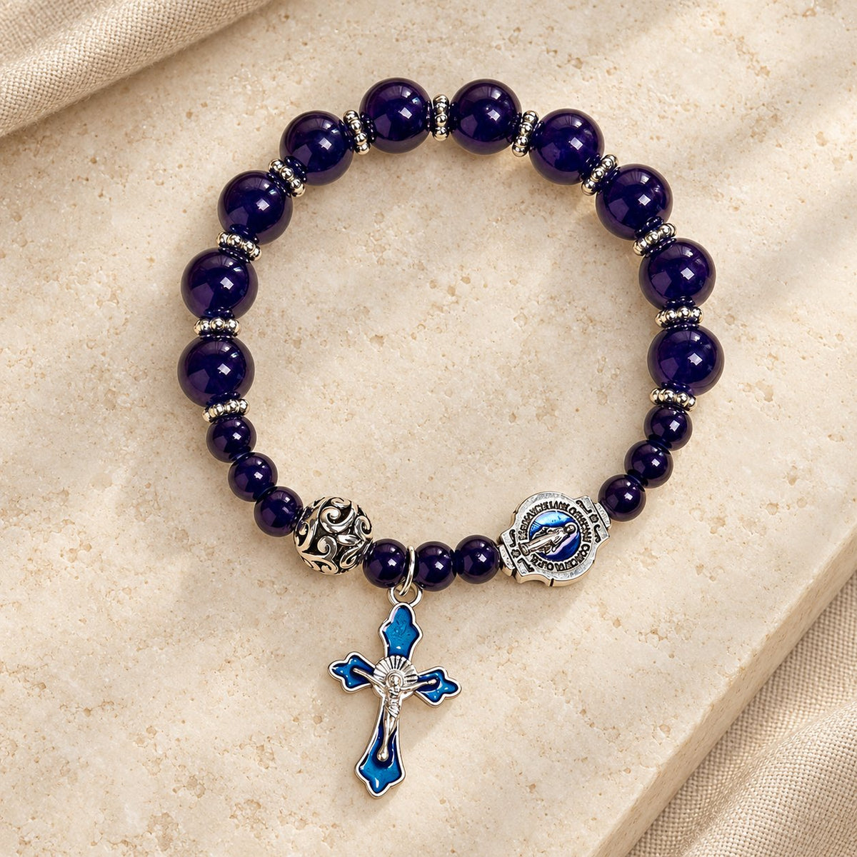 Elegant Deep Blue Beaded Bracelets with Crucifix and Miraculous Medal