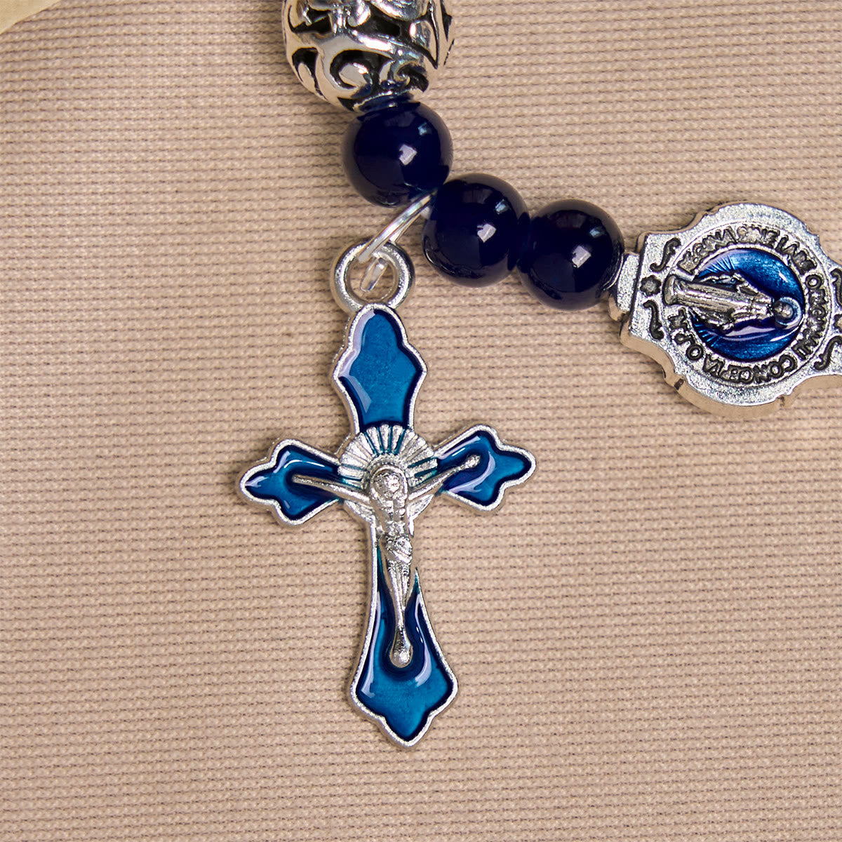 Pulseras Elegantes de Cuentas Azul Profundo con Crucifijo y Medalla Milagrosa