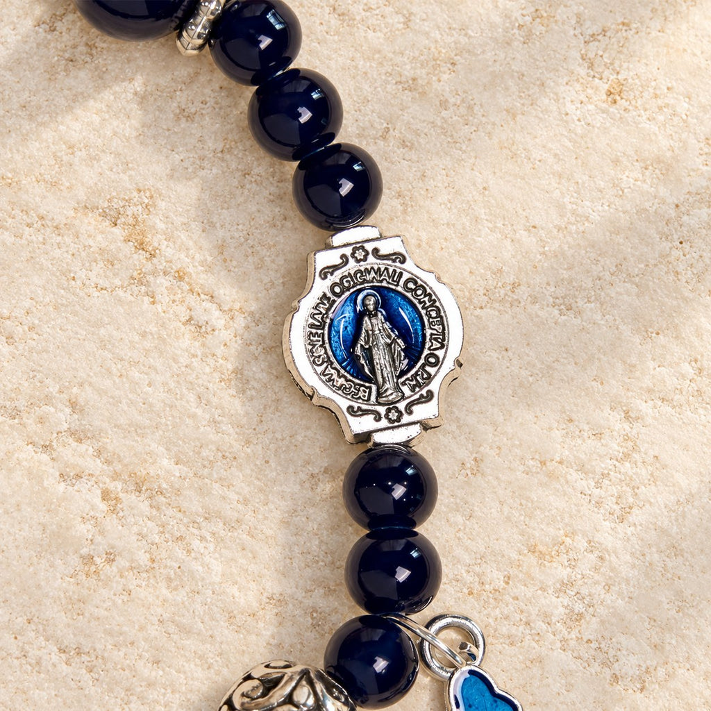 Elegant Deep Blue Beaded Bracelets with Crucifix and Miraculous Medal