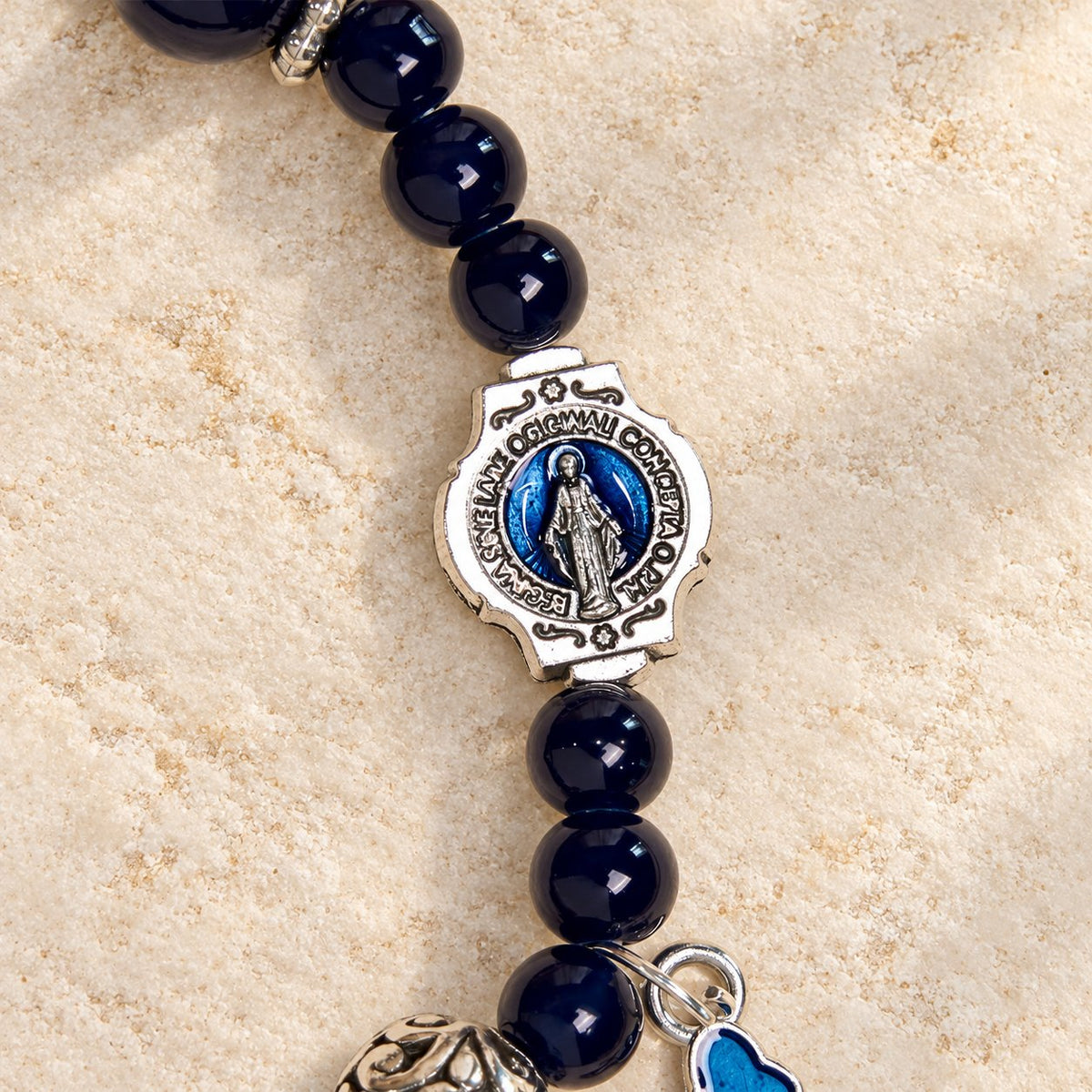 Elegant Deep Blue Beaded Bracelets with Crucifix and Miraculous Medal
