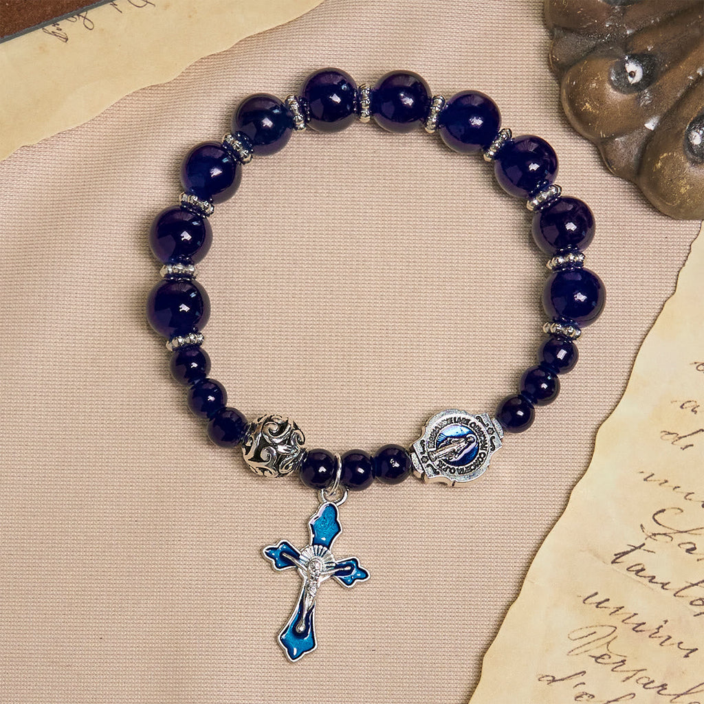 Pulseras Elegantes de Cuentas Azul Profundo con Crucifijo y Medalla Milagrosa