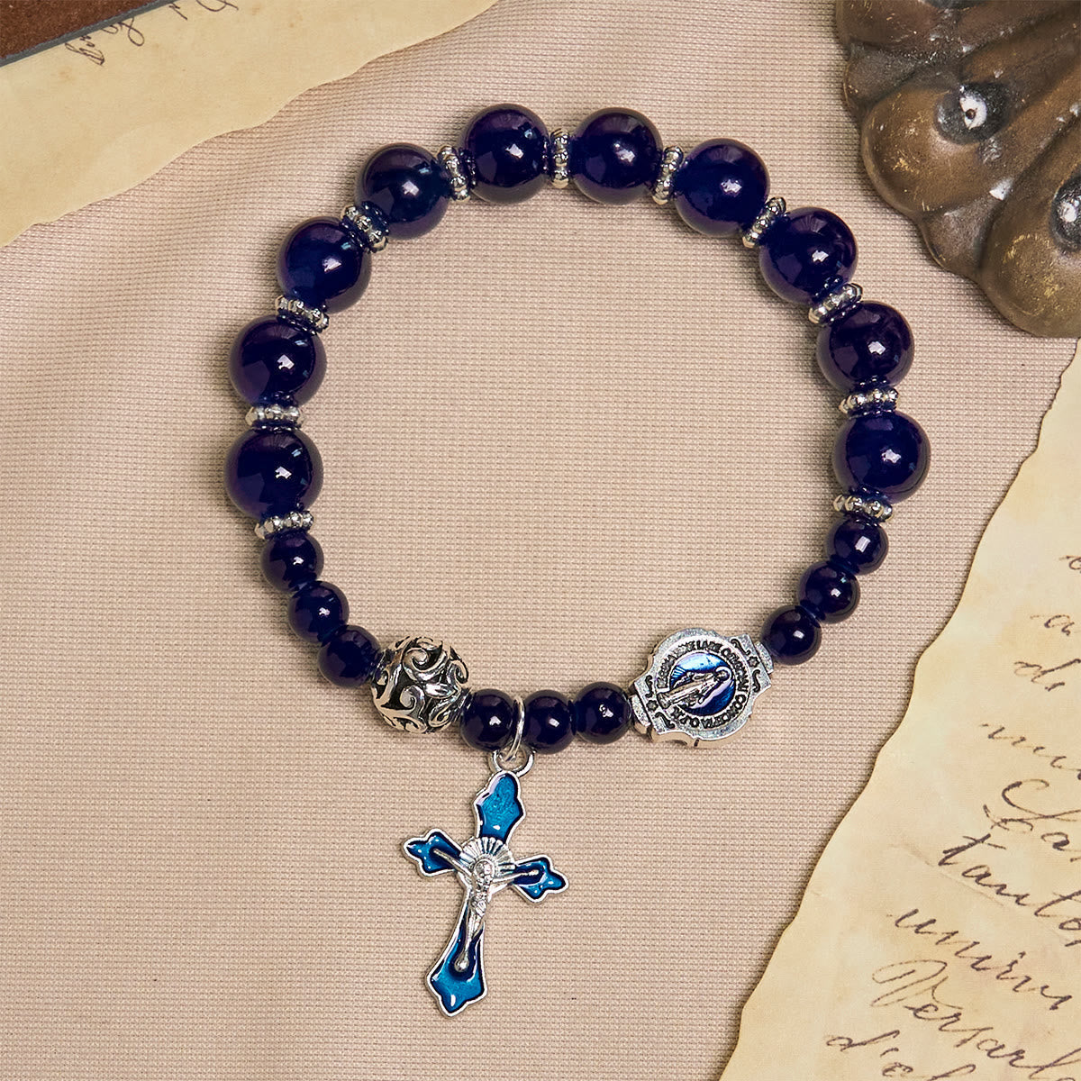 Pulseras Elegantes de Cuentas Azul Profundo con Crucifijo y Medalla Milagrosa