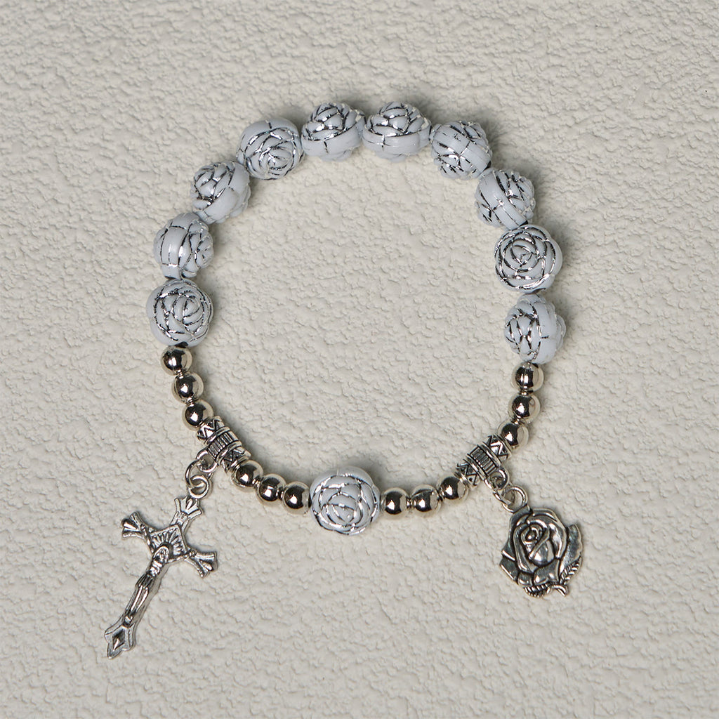 Rosario y Pulseras Devocionales de Cuentas de Rosa Blanca con la Virgen María