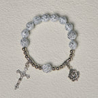 Rosario y Pulseras Devocionales de Cuentas de Rosa Blanca con la Virgen María