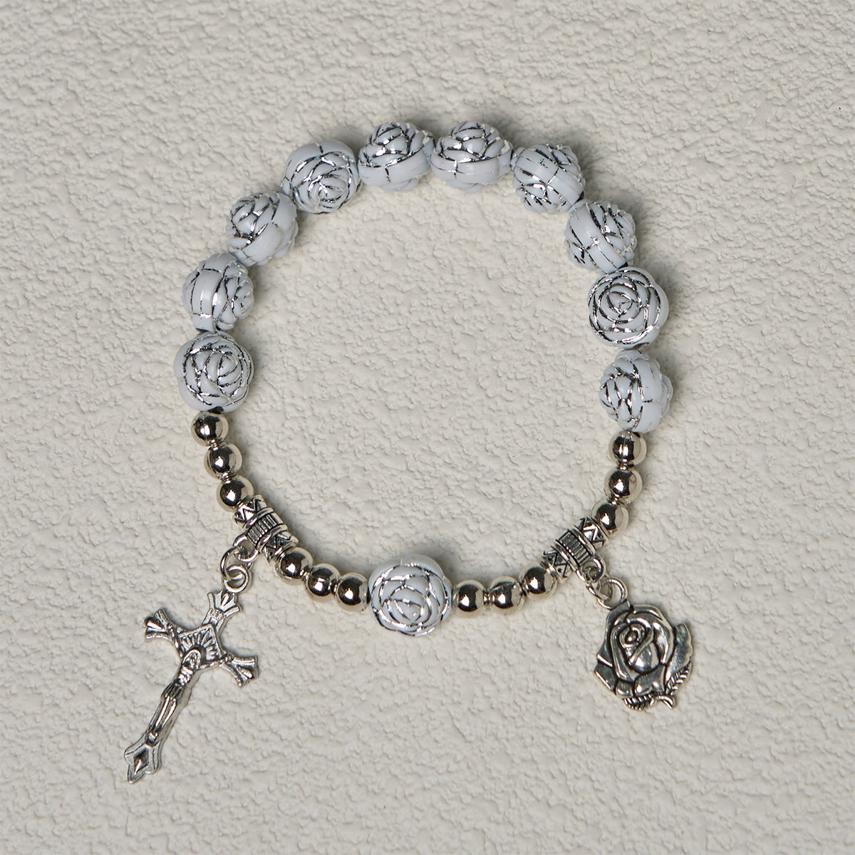 Rosario y Pulseras Devocionales de Cuentas de Rosa Blanca con la Virgen María