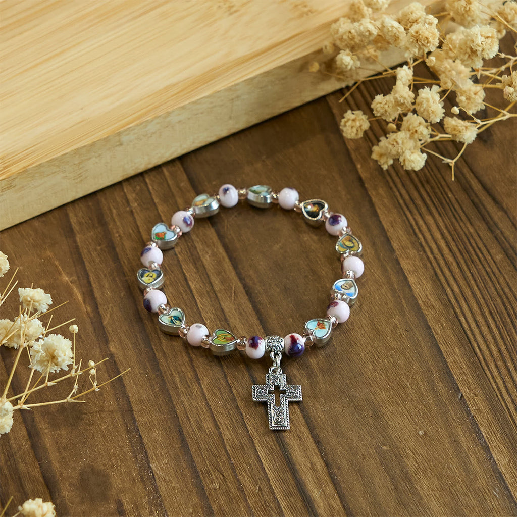 Pulseras de Cuentas de Cristal y Cerámica de Colores con Cruz y Dijes de Santos