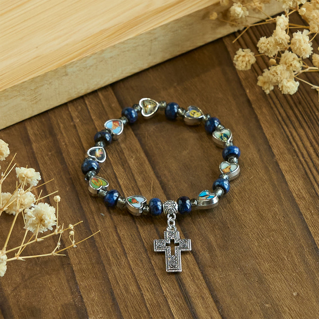 Pulseras de Cuentas de Cristal y Cerámica de Colores con Cruz y Dijes de Santos