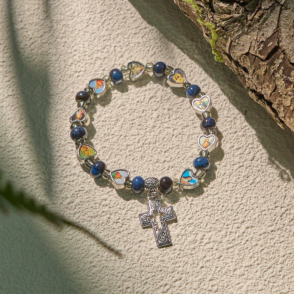 Pulseras de Cuentas de Cristal y Cerámica de Colores con Cruz y Dijes de Santos