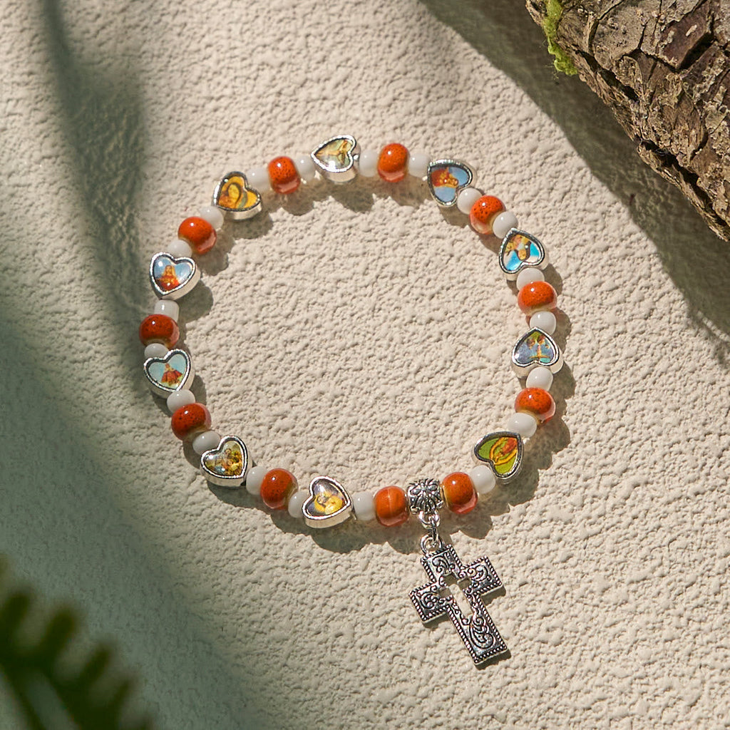 Pulseras de Cuentas de Cristal y Cerámica de Colores con Cruz y Dijes de Santos