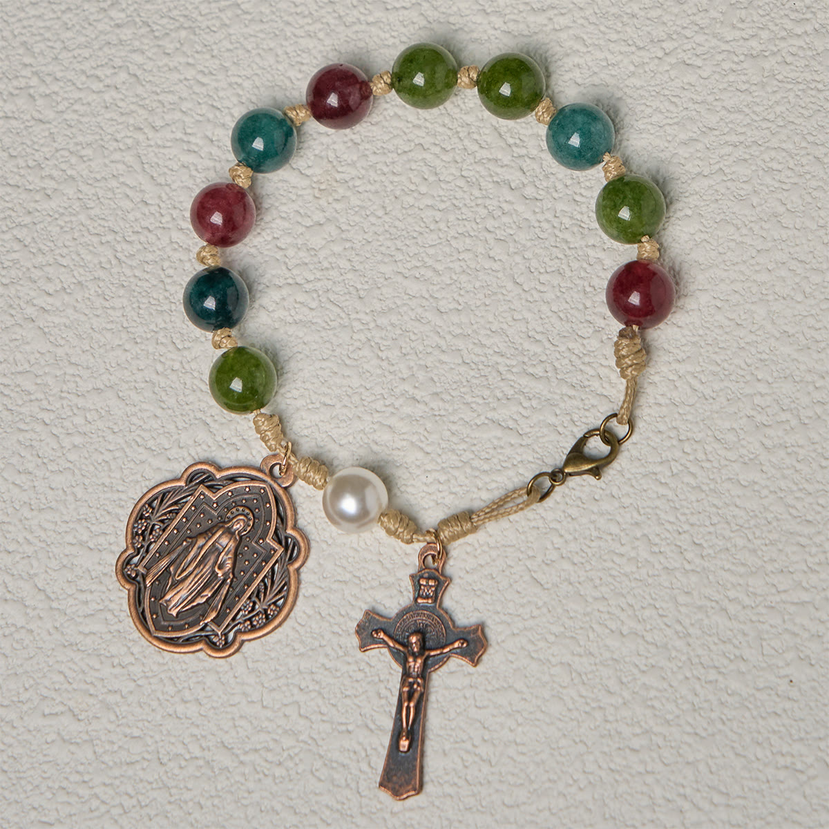 Pulseras de Ágata Turmalina Natural de 10 mm con Medalla Milagrosa y Crucifijo