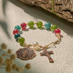 Pulseras de Ágata Turmalina Natural de 10 mm con Medalla Milagrosa y Crucifijo