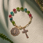 Pulseras de Ágata Turmalina Natural de 10 mm con Medalla Milagrosa y Crucifijo