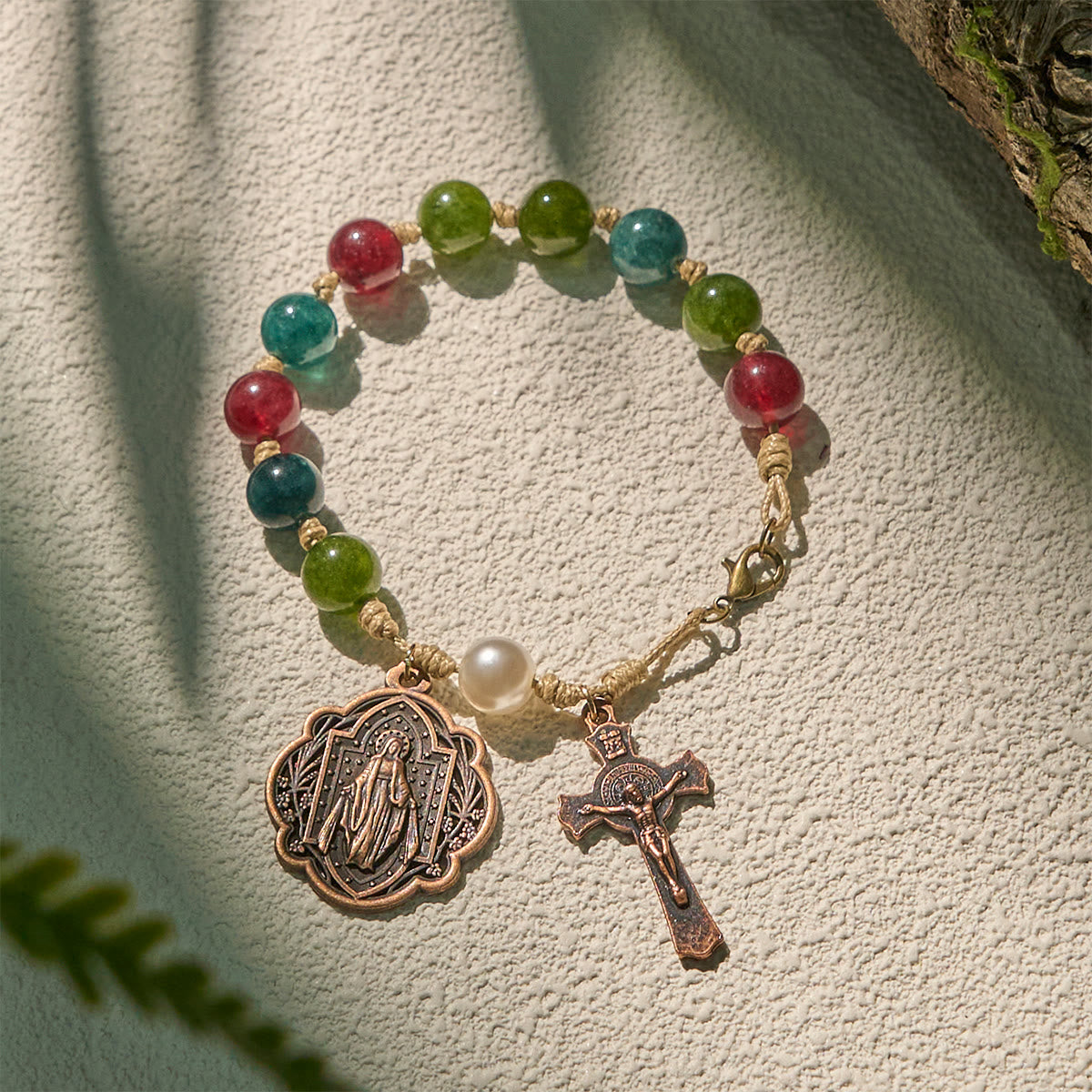 Pulseras de Ágata Turmalina Natural de 10 mm con Medalla Milagrosa y Crucifijo