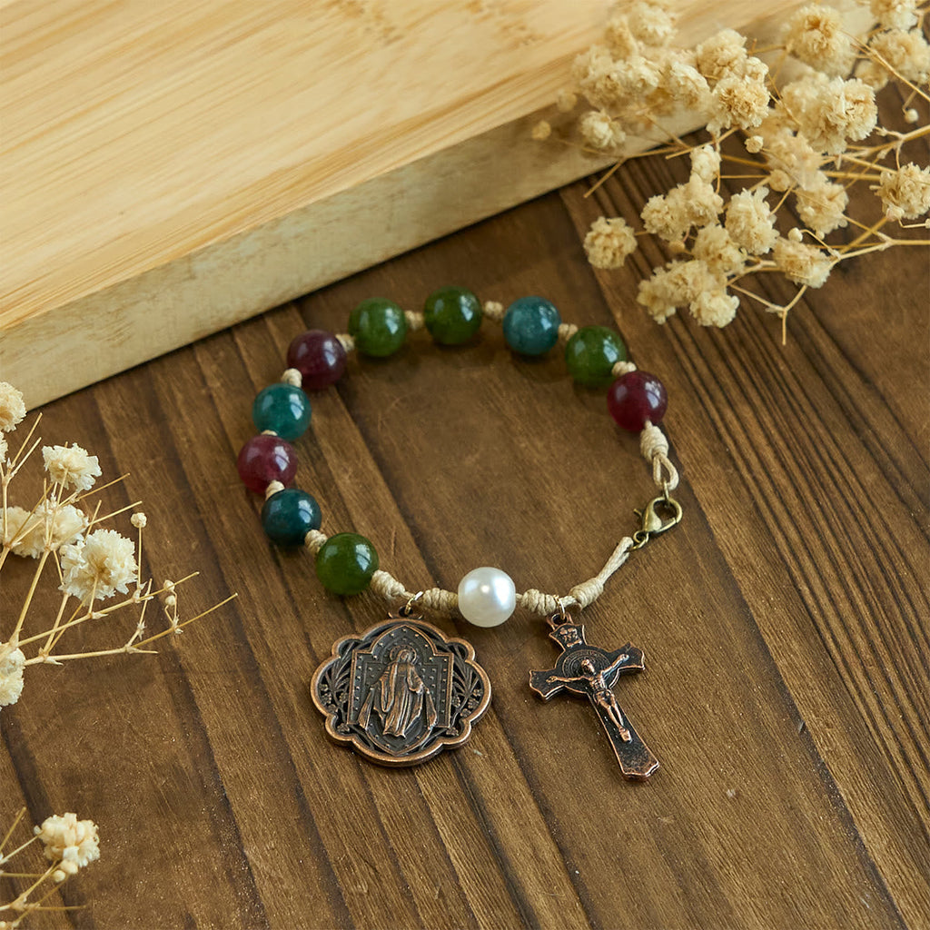 Pulseras de Ágata Turmalina Natural de 10 mm con Medalla Milagrosa y Crucifijo