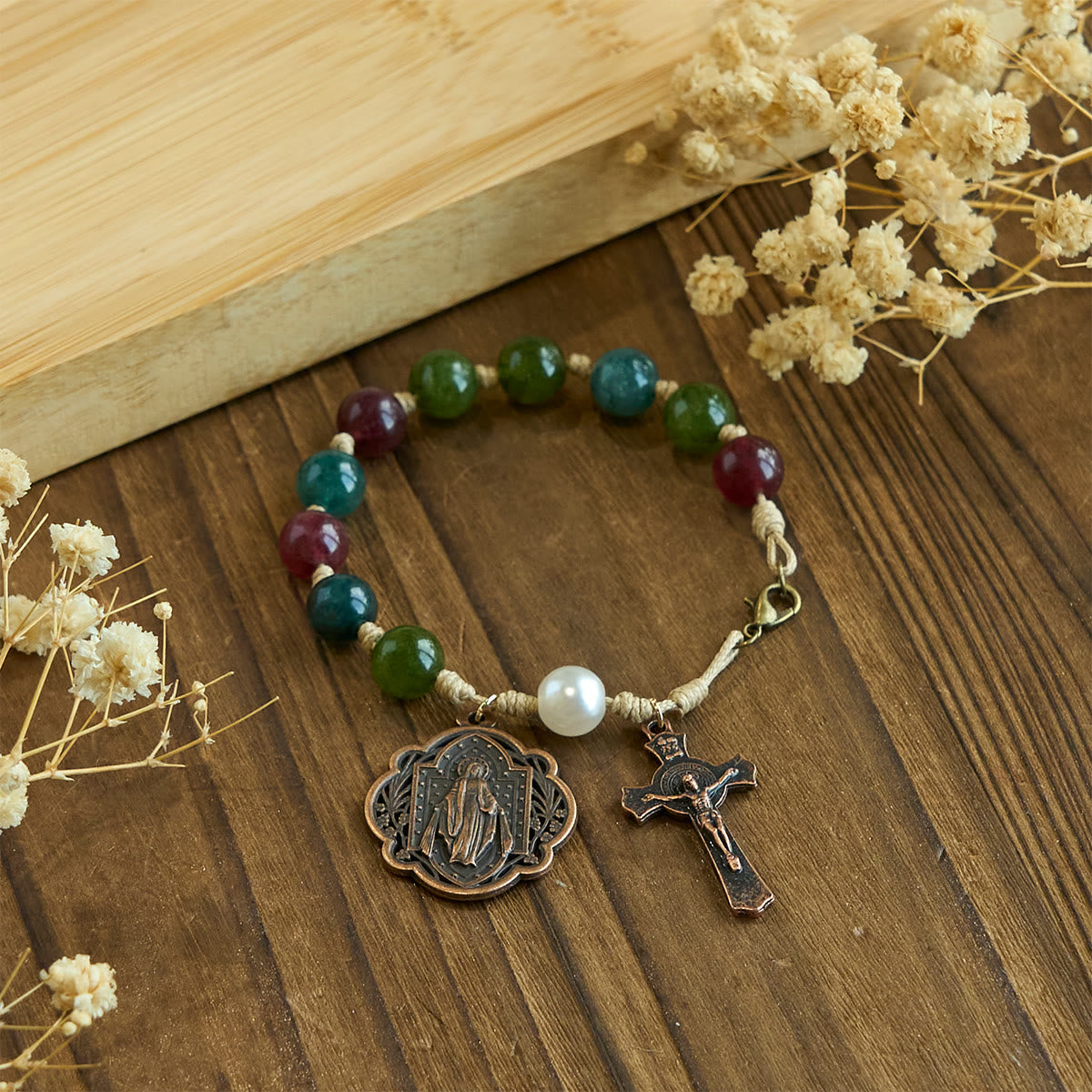 Pulseras de Ágata Turmalina Natural de 10 mm con Medalla Milagrosa y Crucifijo