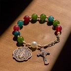 Pulseras de Ágata Turmalina Natural de 10 mm con Medalla Milagrosa y Crucifijo