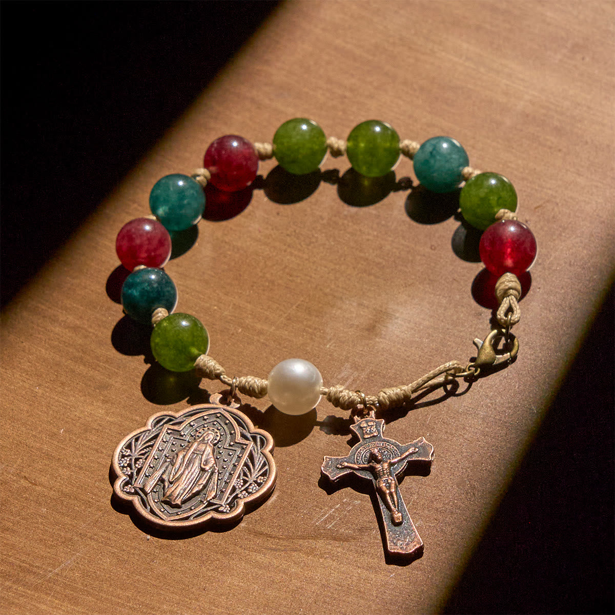 Pulseras de Ágata Turmalina Natural de 10 mm con Medalla Milagrosa y Crucifijo