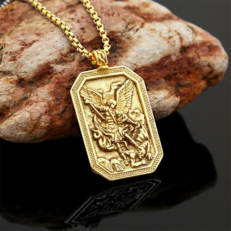 Collar de Acero Inoxidable con Dije de Protección de San Miguel Arcángel Estilo Clásico