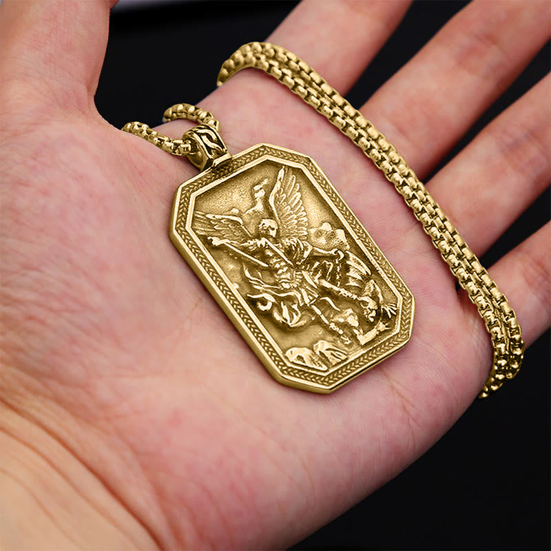 Collar de Acero Inoxidable con Dije de Protección de San Miguel Arcángel Estilo Clásico