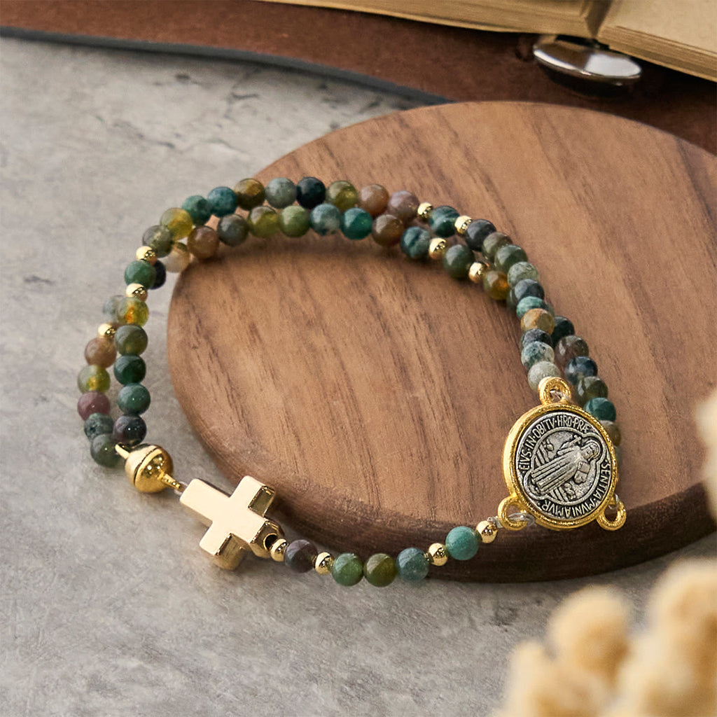 Pulseras Rosario Artesanales en Tonos Tierra con Cruz y Dije de San Benito