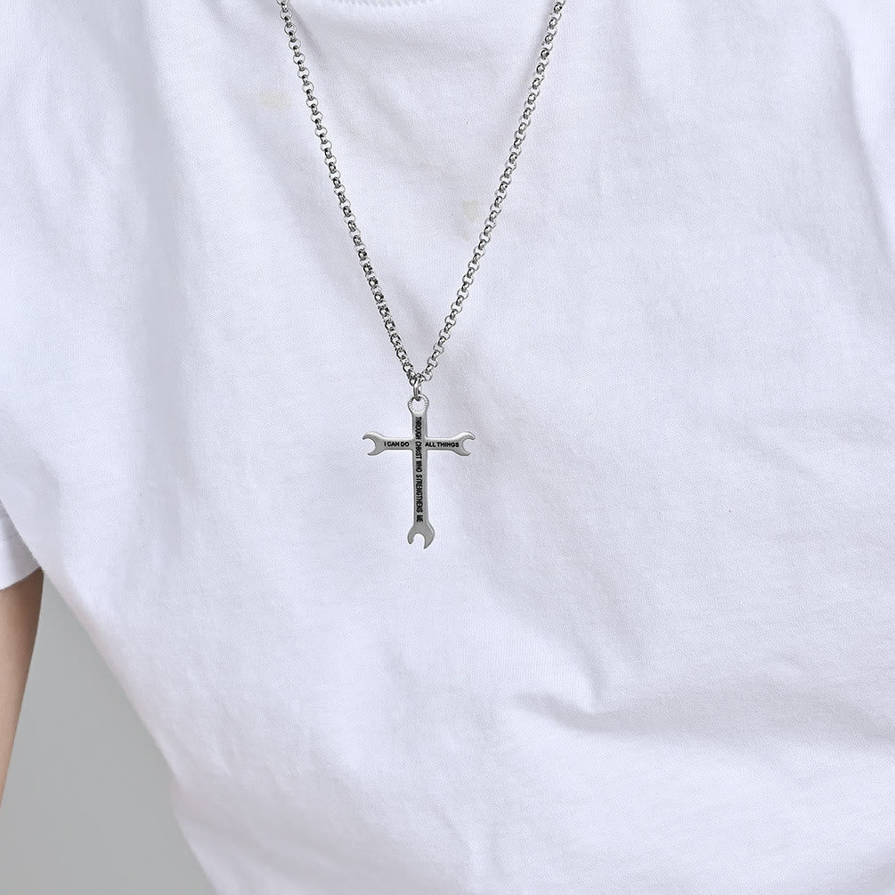 Collar Tricolor Minimalista de Cruz Llave con Versículo de Fe y Fuerza