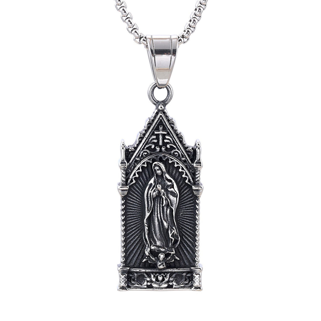 Collar de Plata Antigua de la Virgen María en Marco de Catedral Gótica