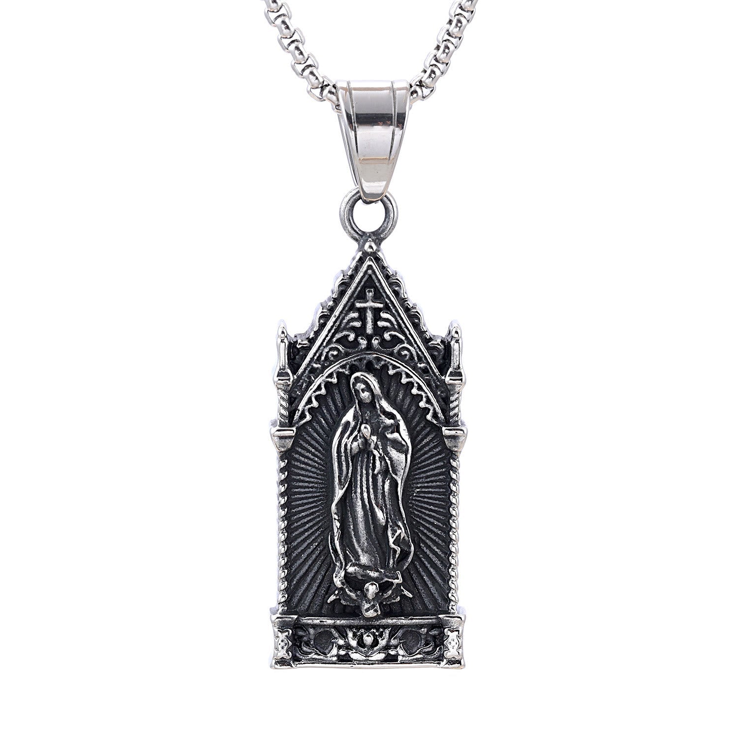 Collar de Plata Antigua de la Virgen María en Marco de Catedral Gótica