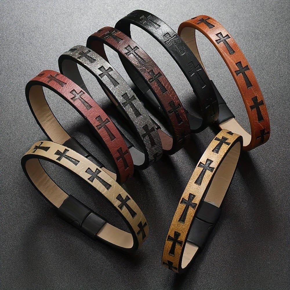 Classic Style Multicolor Leather Magnetic Buckle Bracelet with Cross